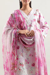 Unstitched Printed Embroidered Strip Lawn 3 Piece