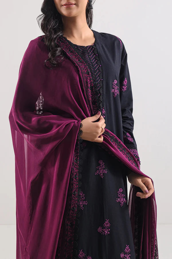 Unstitched Solid Embroidered Cambric 3 Piece With Chiffon Dupatta