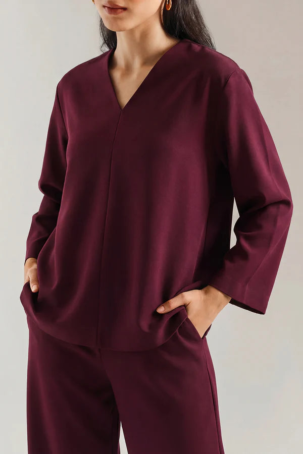 V-Neck Wide Sleeve Crepe Top