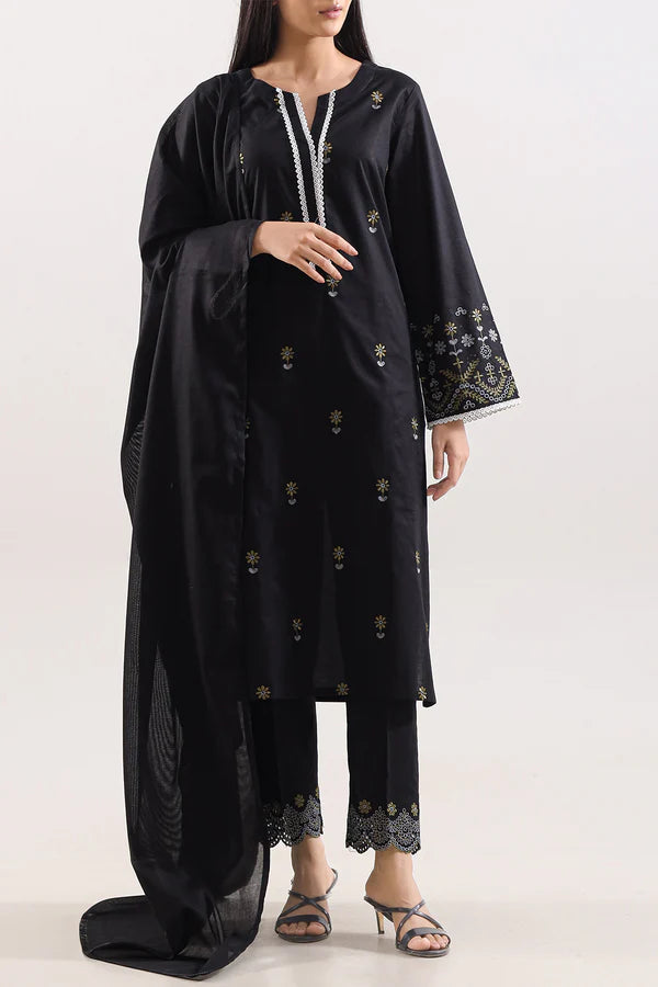 Solid Embroidered Cotton Stitched 3 Piece