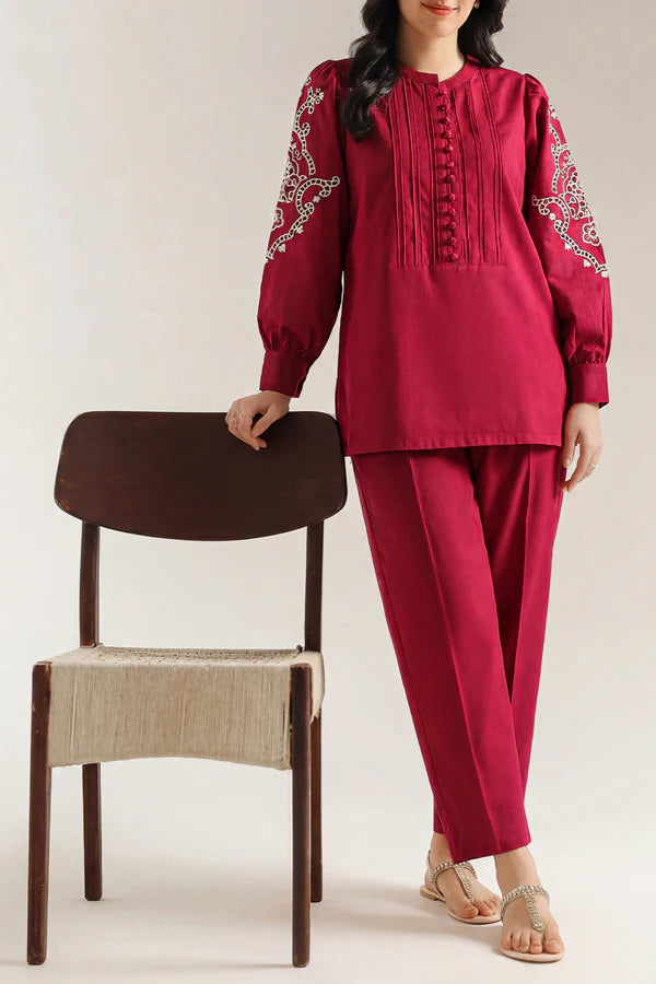 Solid Embroidered Poplin Stitched 2 piece (Shirt/Trouser)