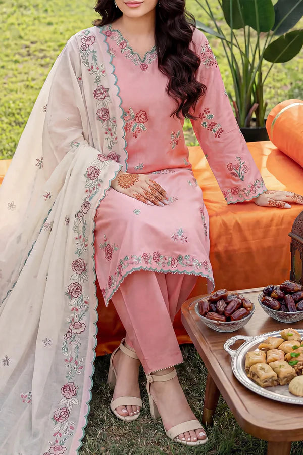 Solid Embroidered Cambric Stitched 3 Piece