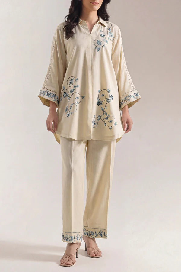 Solid Embroidered Cross Hatch Stitched 2 Piece (Shirt/Trouser)