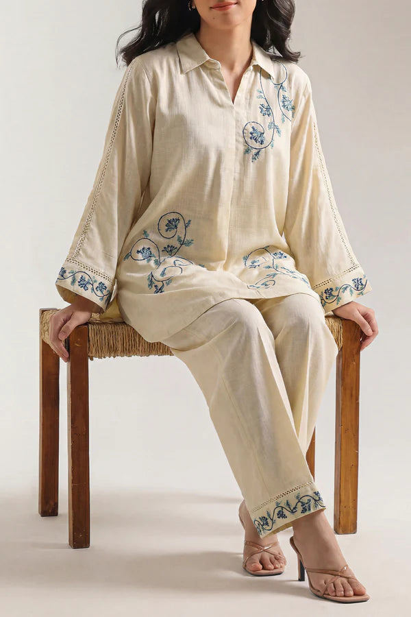 Solid Embroidered Cross Hatch Stitched 2 Piece (Shirt/Trouser)