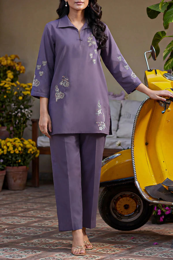 Solid Embroidered Poplin Stitched 2 piece (Shirt/Trouser)