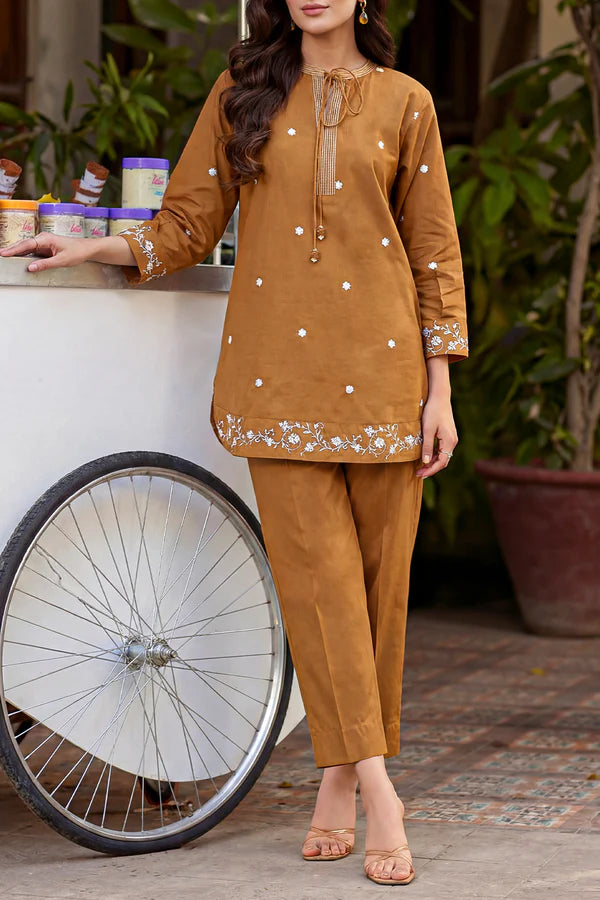Solid Embroidered Poplin Stitched 2 piece (Shirt/Trouser)