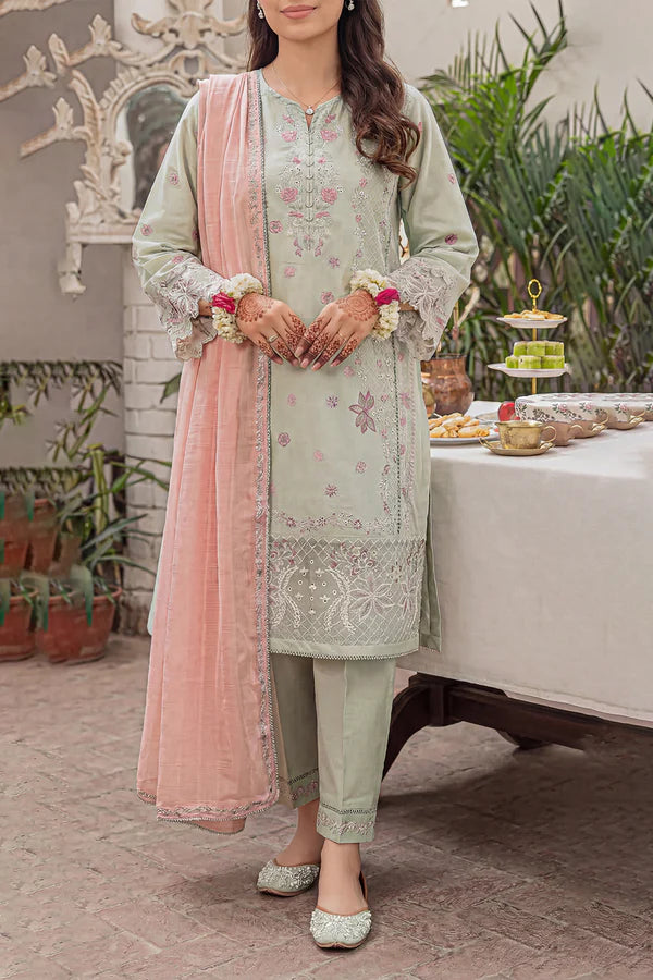 Solid Embroidered Cambric Stitched 3 Piece