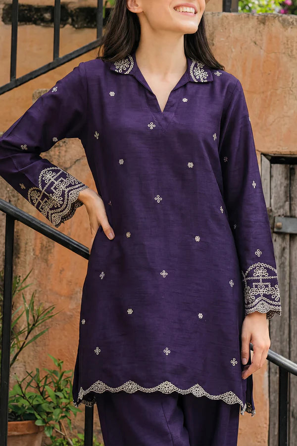 Solid Embroidered Korean Raw Silk Stitched 2 Piece (Shirt/Trouser)