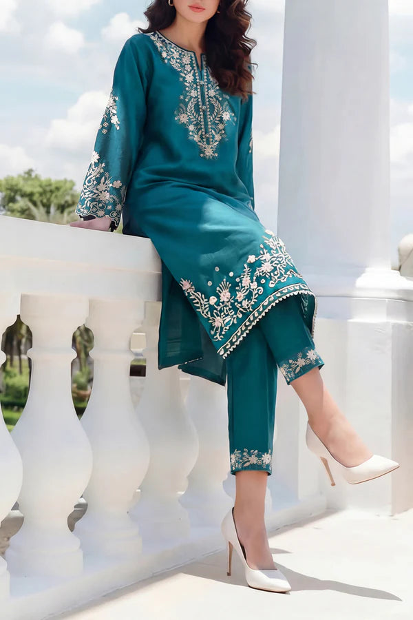 Solid Embroidered Korean Silk Stitched 2 Piece (Shirt/Trouser)