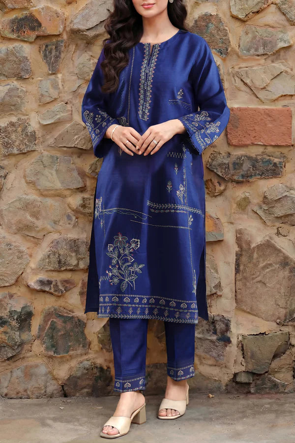 Solid Embroidered Korean Raw Silk Stitched (Shirt/Trouser)