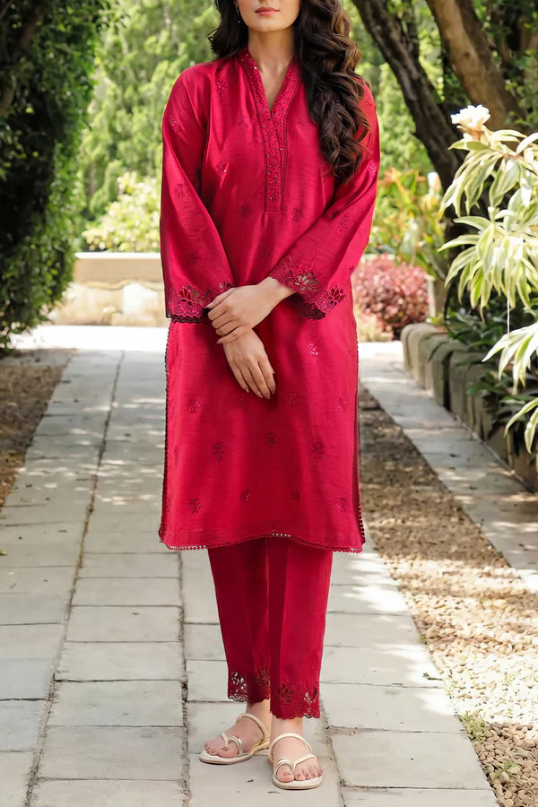 Solid Embroidered Korean Silk Stitched 2 Piece (Shirt/Trouser)