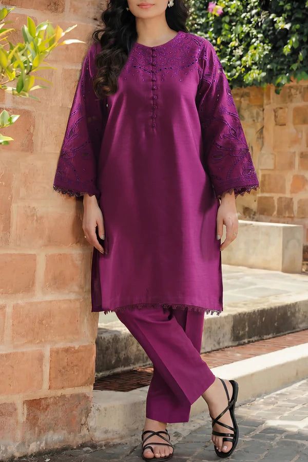 Solid Embroidered Korean Silk Stitched 2 Piece (Shirt/Trouser)