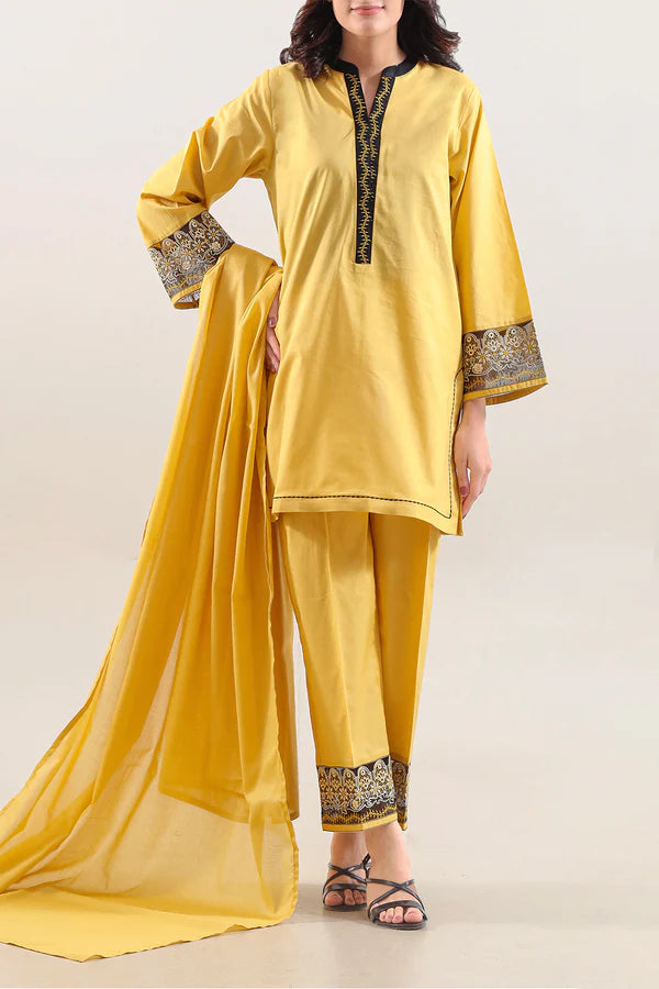 Solid Embroidered Cotton Stitched 3 Piece