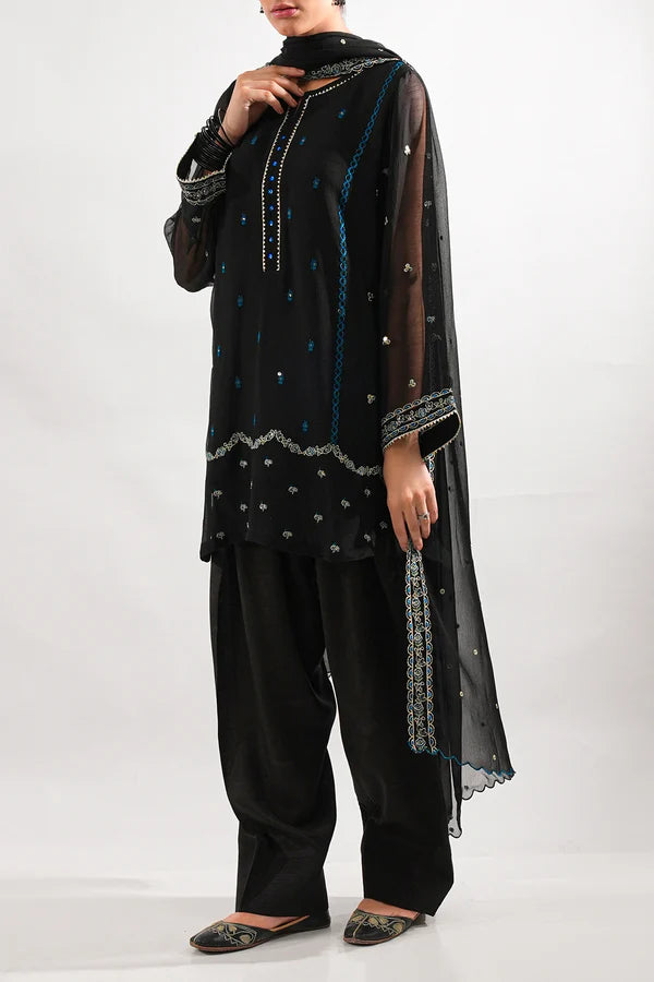 Solid Embroidered Chiffon Stitched 3 Piece