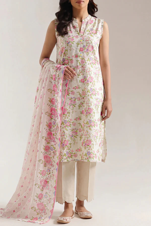 Unstitched Printed Self Strip Lawn 3 Piece