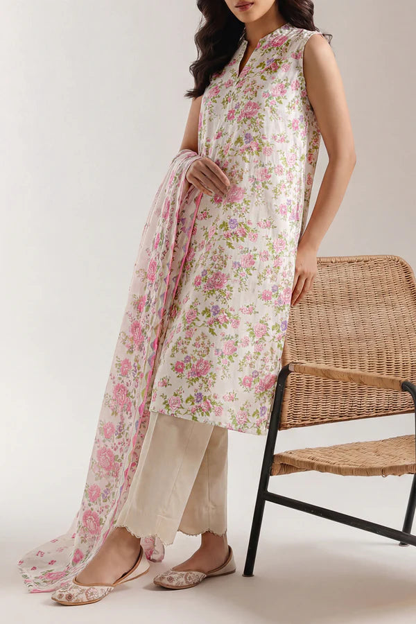 Unstitched Printed Self Strip Lawn 3 Piece