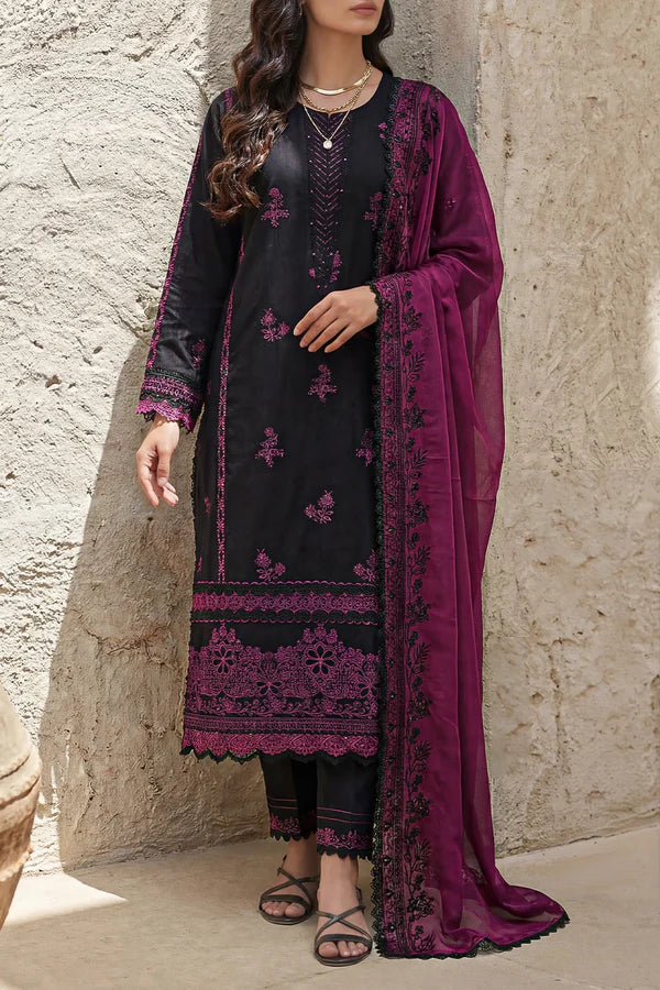 Unstitched Solid Embroidered Cambric 3 Piece With Chiffon Dupatta