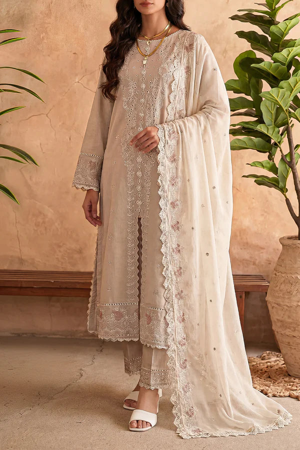 Unstitched Solid+Embroidered Cambric 3 Piece With (Chiffon Dupatta)