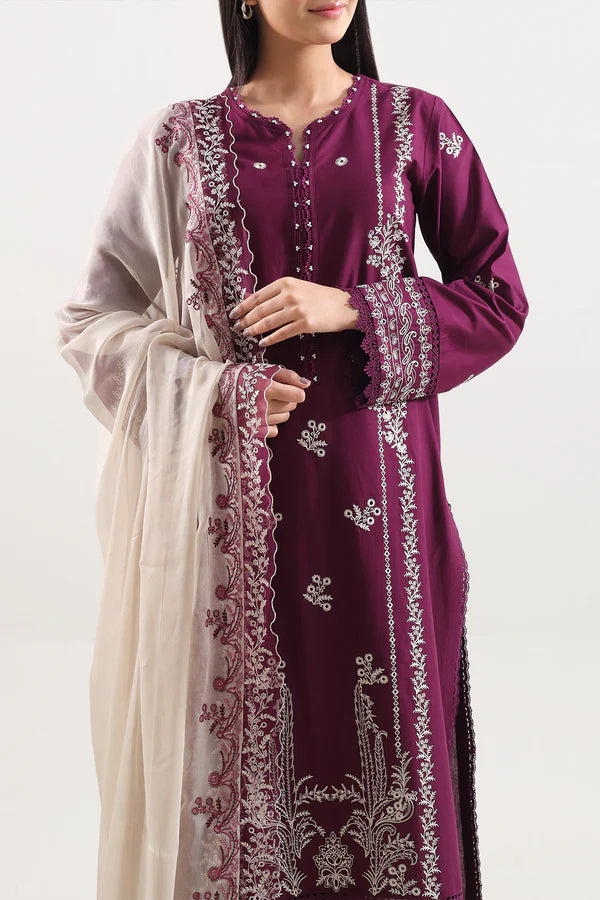 Unstitched Solid+Embroidered Cambric 3 Piece With (Chiffon Dupatta)