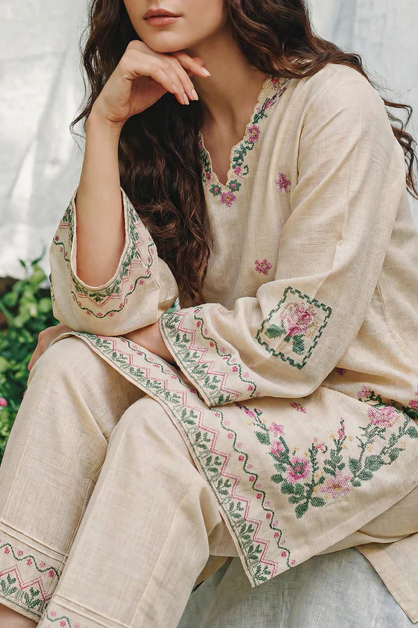 Solid Embroidered Cross Hatch Stitched 2 Piece (Shirt/Trouser)