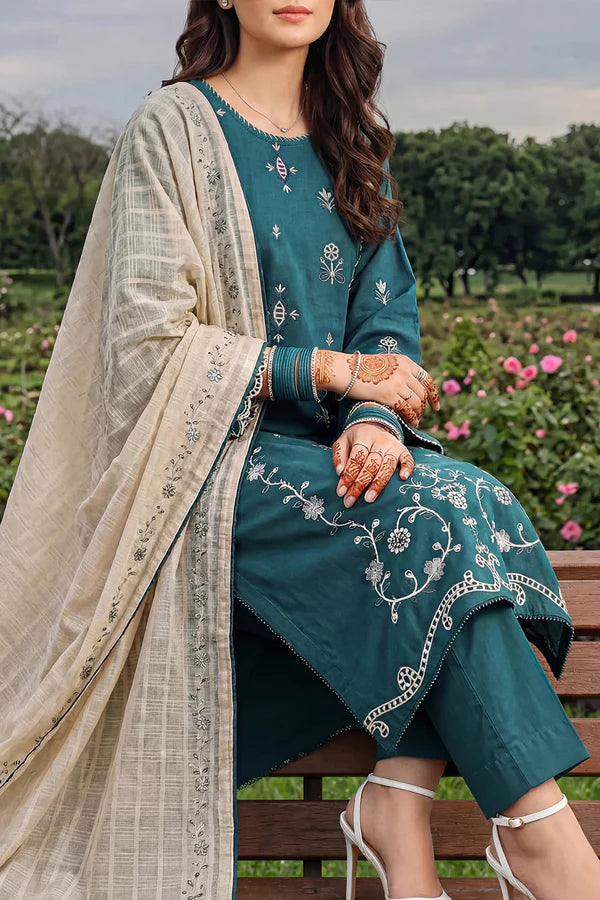 Solid Embroidered Cambric Stitched 3 Piece
