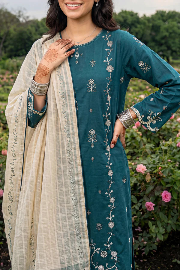 Solid Embroidered Cambric Stitched 3 Piece