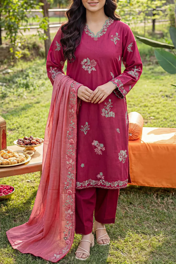 Solid Embroidered Cambric Stitched 3 Piece
