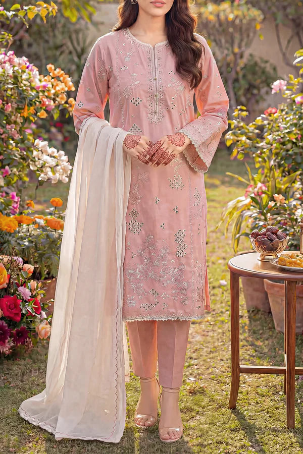 Solid Embroidered Cambric Stitched 3 Piece