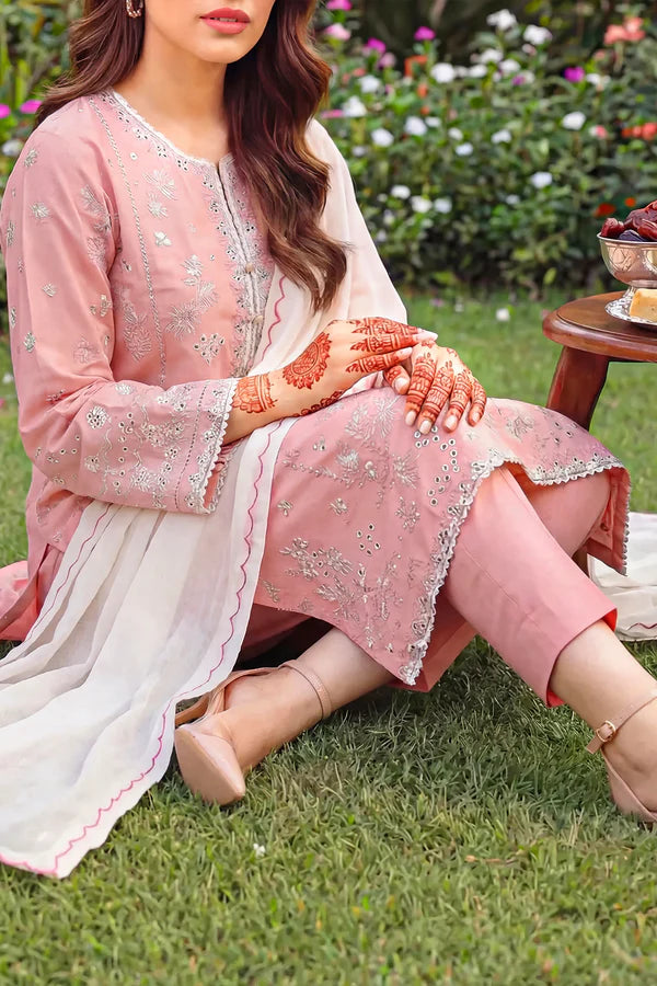 Solid Embroidered Cambric Stitched 3 Piece