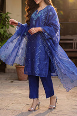 Solid Embroidered Stitched Organza 3 Piece