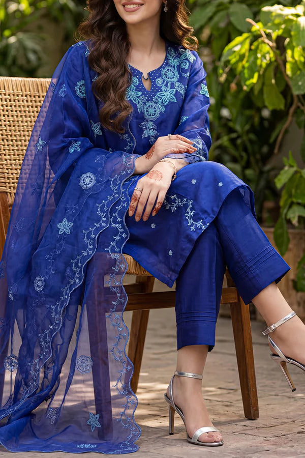 Solid Embroidered Stitched Organza 3 Piece